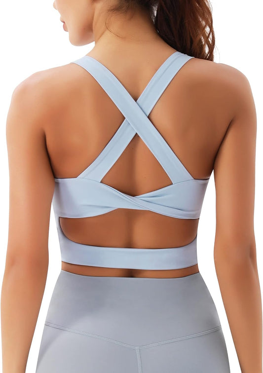 Lukasy Women's Sports Bras with Criss-Cross Back Design, Padded Workout Tank Tops Providing Medium Support, Stylish Crop Tops for Fitness and Activewear