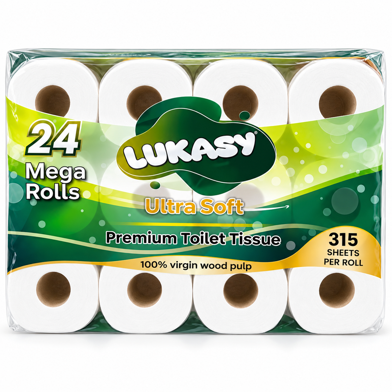 Lukasy Ultra Soft Premium Toilet Tissue, 3-Ply, 315 Sheets per Roll, 24 Mega Rolls, 100% Virgin Wood Pulp