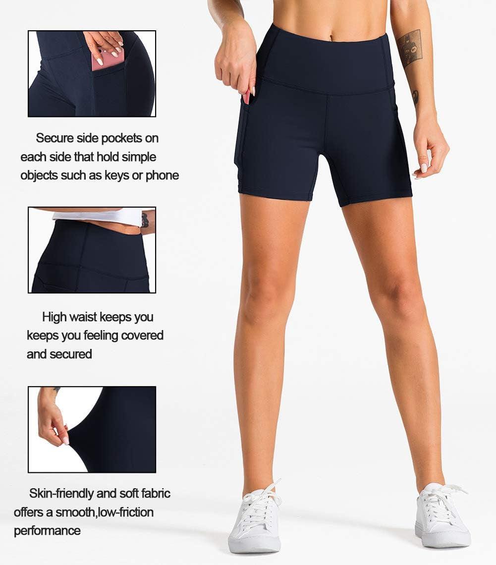 Lukasy High Waist Yoga Shorts for Women with 2 Side Pockets Tummy Control Running Home Workout Shorts