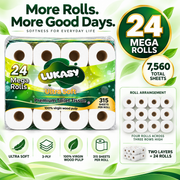 Lukasy Ultra Soft Premium Toilet Tissue, 3-Ply, 315 Sheets per Roll, 24 Mega Rolls, 100% Virgin Wood Pulp