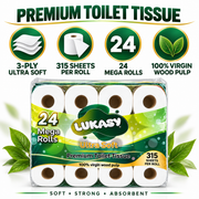 Lukasy Ultra Soft Premium Toilet Tissue, 3-Ply, 315 Sheets per Roll, 24 Mega Rolls, 100% Virgin Wood Pulp