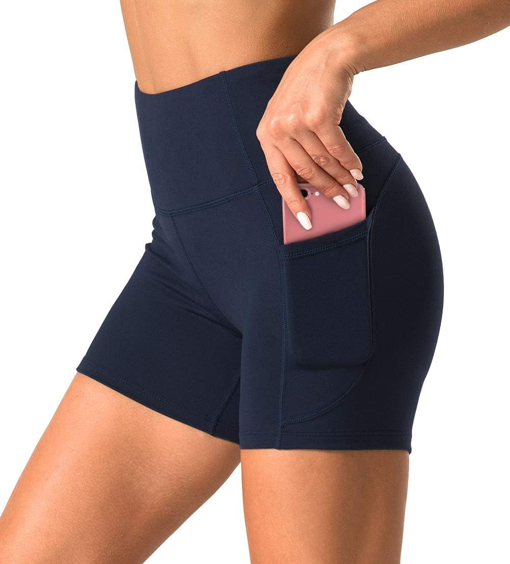 Lukasy High Waist Yoga Shorts for Women with 2 Side Pockets Tummy Control Running Home Workout Shorts